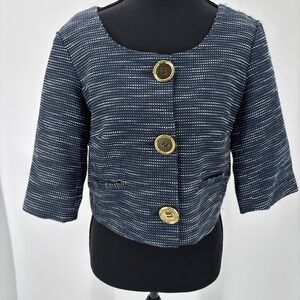 Navy Boucle Tweed blazer Cropped Jacket Gold Buttons Office Siren Mob Wife  Sz 8
